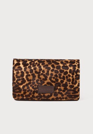 Leopard print wallet made of soft faux fur with a dark brown leather logo patch. Rectangular shape with rounded edges, covered in vibrant patterns.