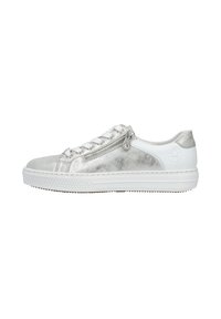Metallic silver sneaker with white accents, featuring laces and a side zipper, rounded toe, and textured white sole.