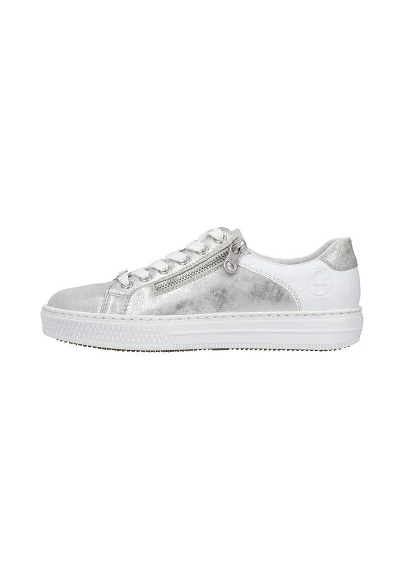 Metallic silver sneaker with white accents, featuring laces and a side zipper, rounded toe, and textured white sole.