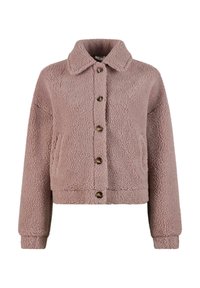 Korthövdad, plyschjacka i mjuk rosa tyg med en texturerad, fluffig yta. Har en krage och stora bruna knappar fram.