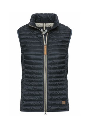 Navy blue quilted sleeveless vest with front zipper, high collar, and brown leather zipper pull tab, flat lay on white background.
