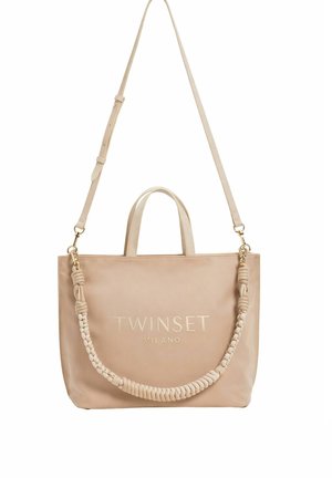 Borsa tote Twinset Milano beige con manici corti, tracolla regolabile e dettaglio decorativo con manico intrecciato.