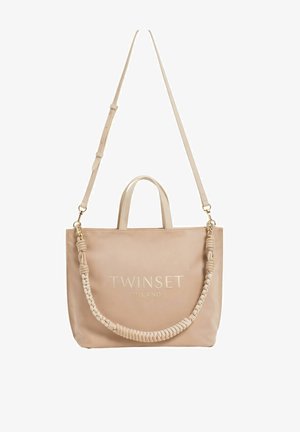 Borsa tote Twinset Milano beige con manici corti, tracolla regolabile e dettaglio decorativo con manico intrecciato.