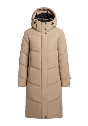 Abrigo de plumas largo en color beige con capucha, que presenta un diseño acolchado, botones a presión, bolsillos laterales y una textura lisa e insulated.