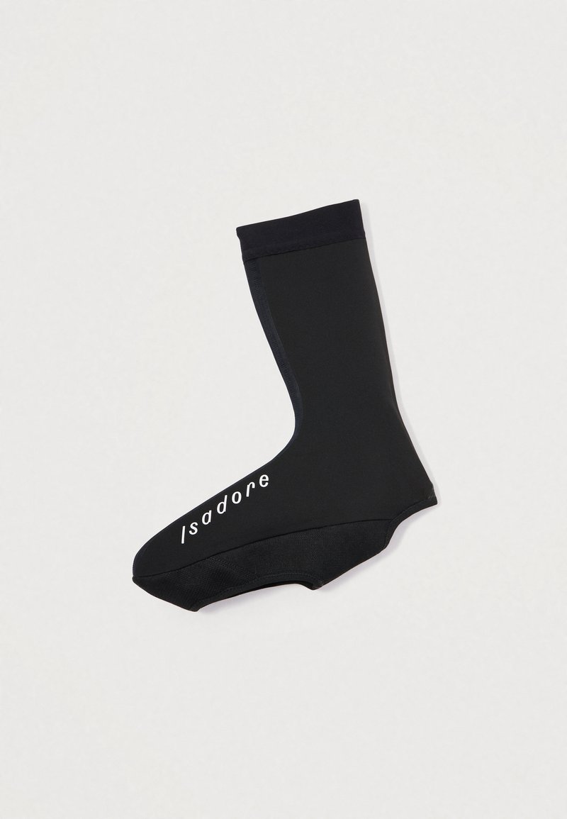 Μαύρη αδιάβροχη κάλτσα με σφιχτή εφαρμογή, χαρακτηριστικά ομαλής υφής και απλού σχεδιασμού. Λογότυπο "Isadore" εκτυπωμένο σε λευκό στη πλευρά.