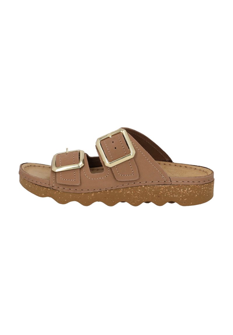 Brown slide sandal with two adjustable straps featuring gold-tone buckles, a textured cork-like sole, and a wavy edge design.