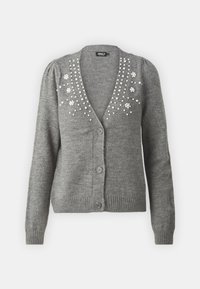 Cardigan grigio a maglia con scollo a V, impreziosito da dettagli floreali in perline bianche sulle spalle, con chiusura frontale a bottoni e polsini a coste.