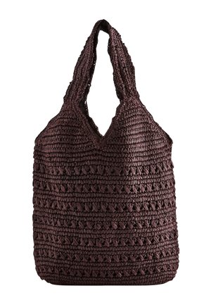 Borsa tote intrecciata marrone scuro con manici larghi e motivo texturizzato di anelli e trecce, realizzata in materiale spesso intrecciato.