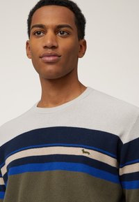 Maglione a righe realizzato in maglia, con colori navy, blu, beige e verde oliva. Collo rotondo con dettagli logo ricamati vicino al petto.