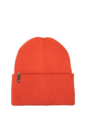 Red knitted beanie with a folded cuff, featuring a textured pattern and a small metallic accent tag on the side.