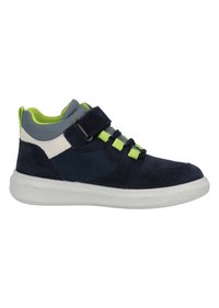 Marineblauwe suède sneakers met grijze en limoengroene accenten, structuur bovenwerk, vetersluiting en een witte rubberen zool. Heeft een band over de wreef.