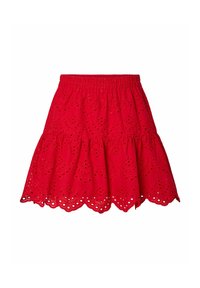 Jupe en dentelle rouge à œillets avec taille élastique et ourlet festonné, présentant des motifs floraux brodés avec découpes.