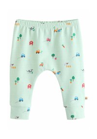 Lichtgroene geblokte babybroek met kleurrijke boerderijthema-afdrukken, waaronder tractors, koeien, bomen, schuren, wortelen en hekken.