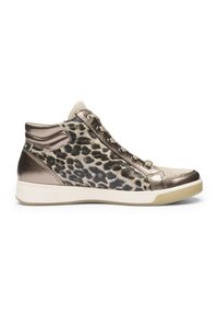 Højtop sneakers med leopardprintstof, metalisk bronze accenter, beige ruskindstå og hvid gummisål.