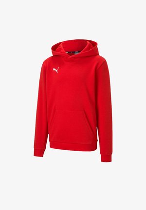 Sudadera roja hecha de un tejido suave, con un bolsillo frontal, puños acanalados y un logo de Puma blanco en el pecho. Diseño tipo pullover con capucha.