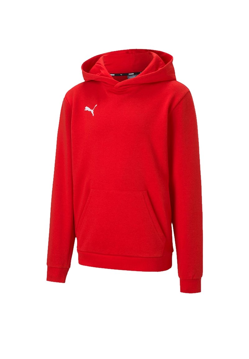 Czerwona bluza z kapturem, wykonana z miękkiego materiału, z przednią kieszenią, ściągaczami na rękawach oraz białym logo Pumy na piersi. Model wkładany przez głowę z kapturem.