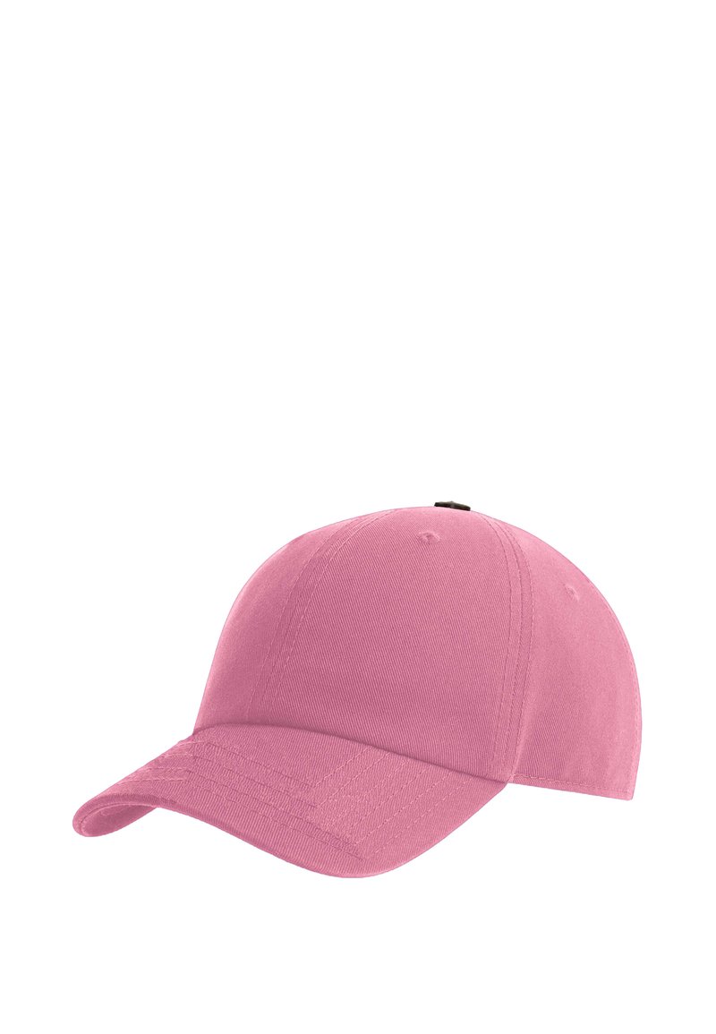 Rosa Baumwoll-Baseballmütze mit gebogenem Schirm, sechs Paneelen und Stickdetails. Verfügt über einen schwarzen Kunststoff-Snapverschluss auf der Rückseite.
