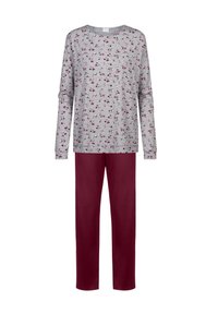 Gray long-sleeve pajama top with floral pattern, paired with solid burgundy pants. Soft cotton material, relaxed fit, and crew neckline.