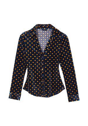 Long-sleeve shirt in navy fabric with geometric pattern of orange, yellow, and blue circles. Features a classic collar and button closure.