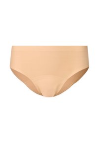 Beige Unterwäsche aus einem glatten, elastischen Stoff. Sie verfügt über ein Design mit voller Abdeckung und nahtlosen Kanten für zusätzlichen Komfort. Keine sichtbaren Muster oder Metallteile.