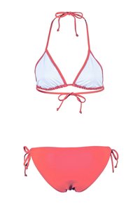 Ensemble bikini rouge et blanc comprenant un haut triangulaire avec des liens et un bas classique avec des liens sur les côtés. Fabriqué en tissu lisse et extensible.