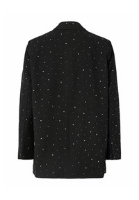 Juodas bleizeris su tekstūruotu audiniu, kuriame išdėstyti maži sidabriniai blizgučiai atsitiktine tvarka. Klasikinis apykaklė ir tiesus siluetas.