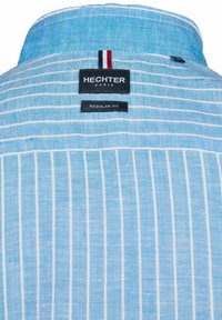 Lichtblauwe gestreepte overhemdkraag met een wit en blauw gestreepte stof. Labels tonen "HECHTER PARIS" en "REGULAR FIT" in het zwart.