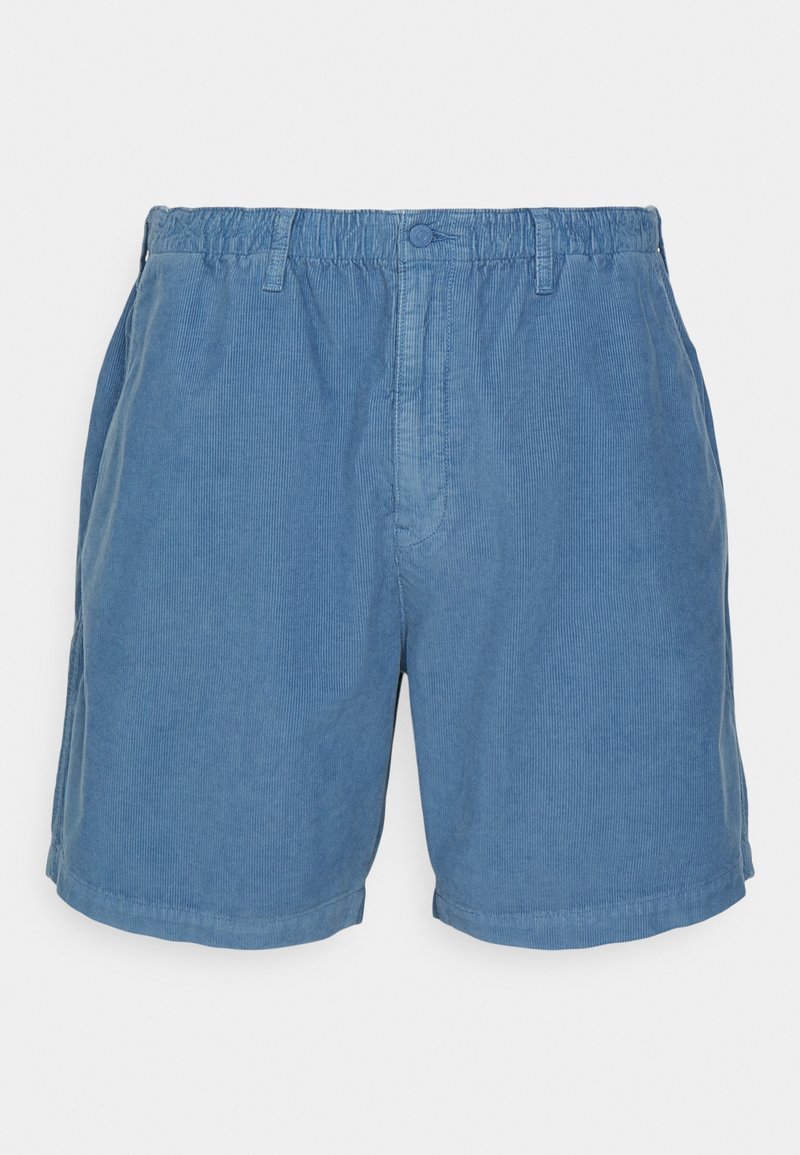Short en velours côtelé bleu avec taille élastique, fermeture par bouton, passants pour ceinture et poches latérales, présenté sur un fond blanc uni.
