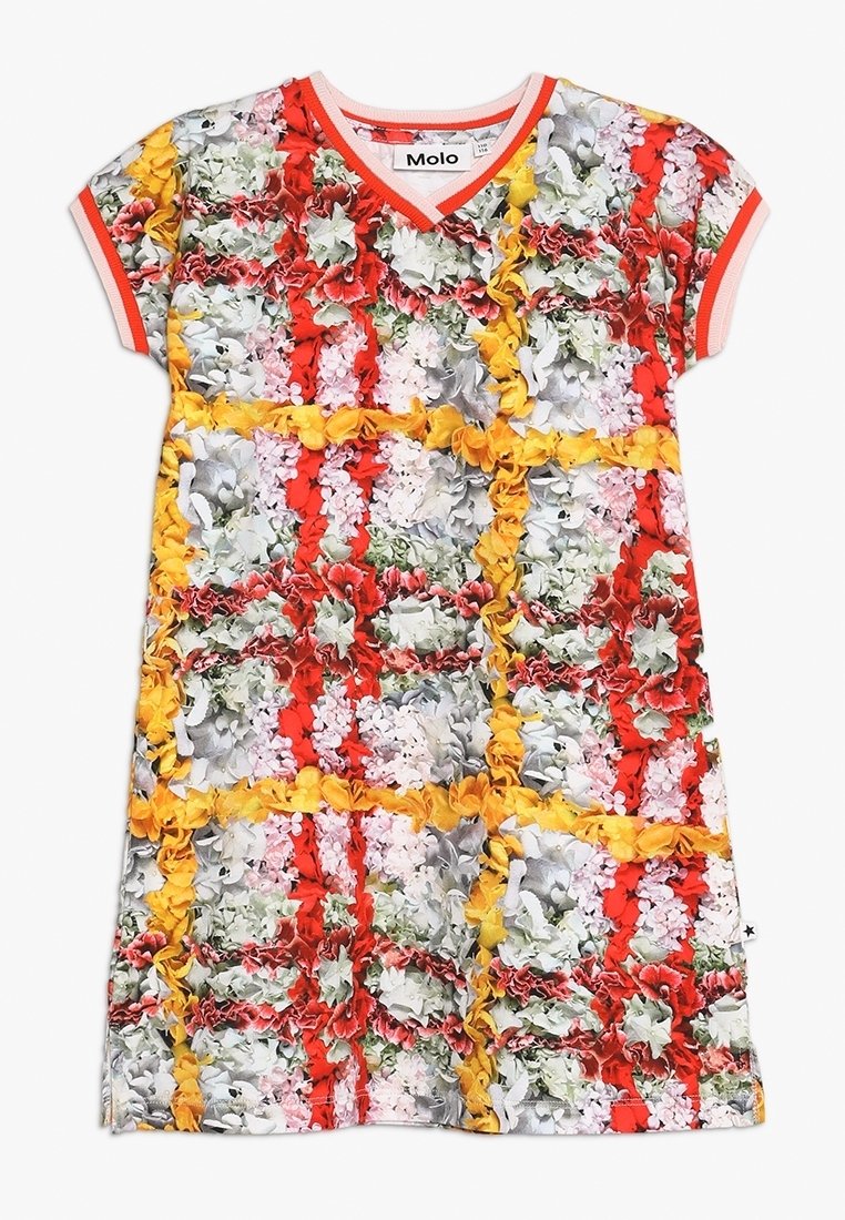Robe à manches courtes avec un décolleté en V, présentant un motif floral multicolore en rouge, jaune et vert, avec des accents à volants et un mélange de coton.