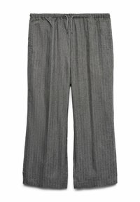 Pantaloni grigi a righe con una cintura elasticizzata e un laccetto. Design a gamba larga con due tasche laterali, realizzati in un tessuto leggero.