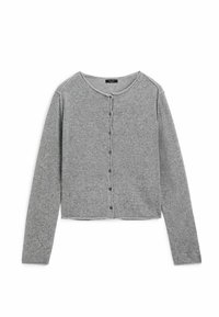 Grå kort ärmad cardigan i mjukt tyg, med rund halsringning, långa ärmar och framknäppning med matchande knappar.