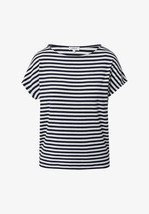 Pasiasta koszulka z krótkim rękawem w granatowo-białe paski, charakteryzująca się luźnym krojem, szerokim dekoltem i miękkim bawełnianym materiałem.