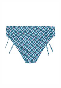Bikiny s geometrickým vzorem v modré, růžové a bílé barvě; mají zavazování po stranách a nízký střih. Hladká textura látky.