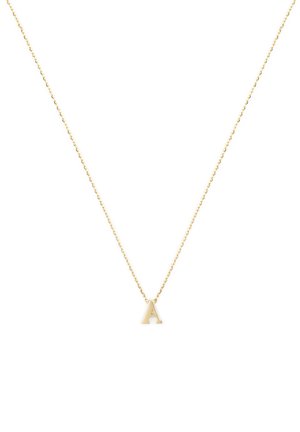 Collier en or avec une fine chaîne et un petit pendentif en forme de lettre "A" poli. Design simple avec une texture lisse et un éclat métallique.