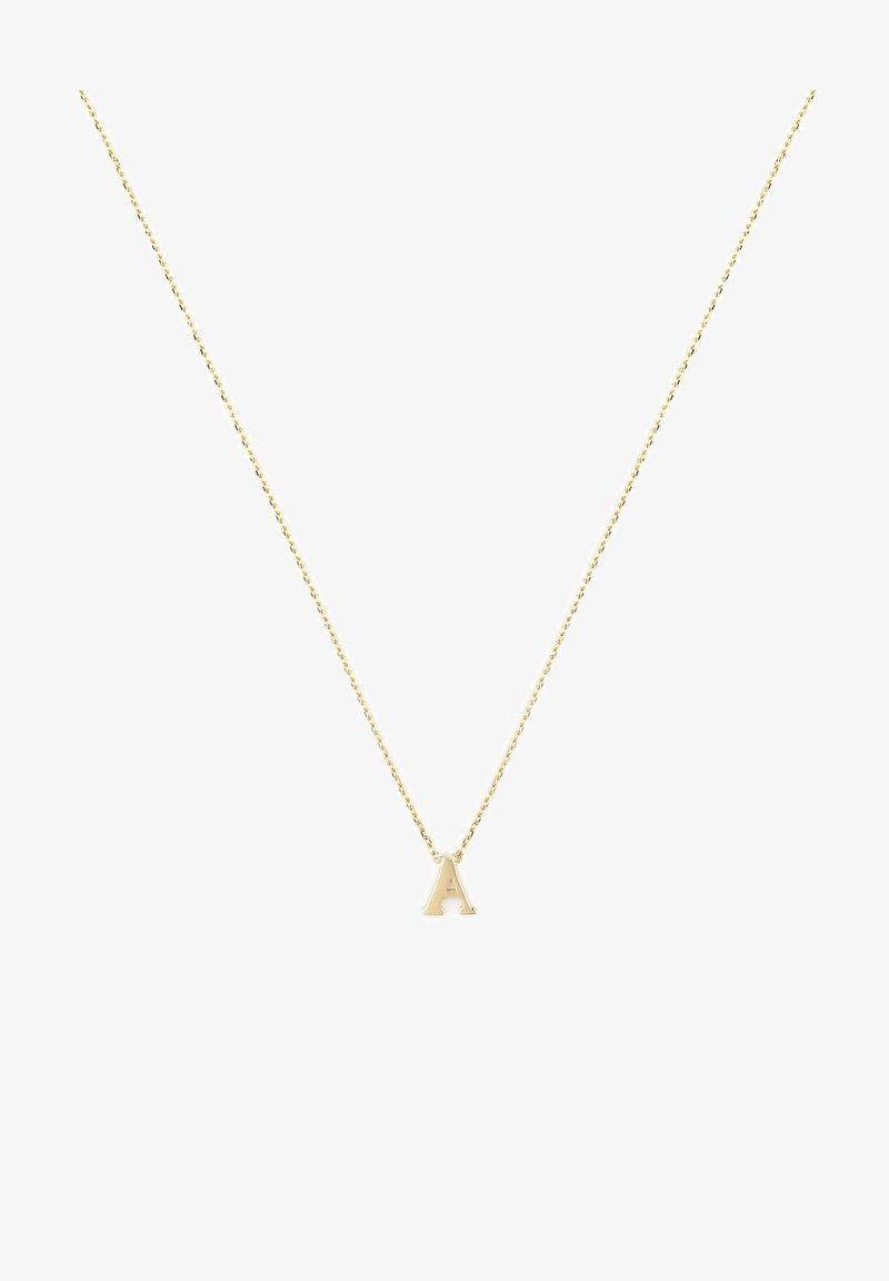 Gold necklace featuring a thin chain and a small, polished letter "A" pendant. Simple design with a smooth texture and metallic shine.