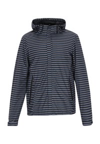 Gestreepte jas met horizontale lijnen in marineblauw, grijs en zwart. Voorzien van een capuchon, ritssluiting en zijzakken. Glad van textuur.