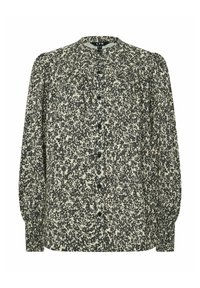 Långärmad blus i en krämfärgad bas med ett svart blommönster. Har rund halsringning och en knappstängning med rynkade detaljer på axlarna.