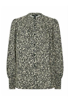 Langärmlige Bluse in einer cremefarbenen Basis mit einem schwarzen Blumenmuster. Verfügt über einen runden Ausschnitt und eine Knopfleiste mit gerüschtem Detail an den Schultern.
