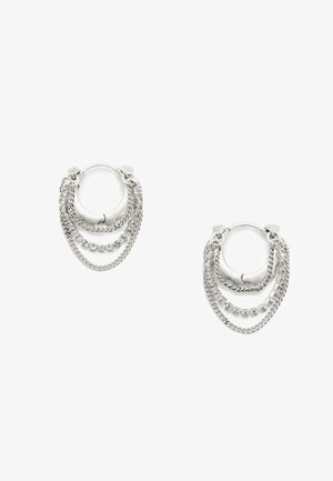Silver hoop earrings featuring layered chains, including a flat chain and a beaded chain, with a smooth, polished finish.