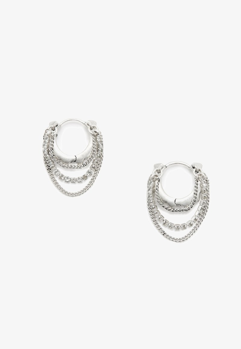Silver hoop earrings featuring layered chains, including a flat chain and a beaded chain, with a smooth, polished finish.