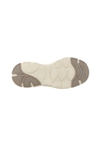 Semelle d'une chaussure avec un design texturé, principalement blanche avec des accents gris, comprenant des motifs de traction pour l'adhérence et la stabilité.
