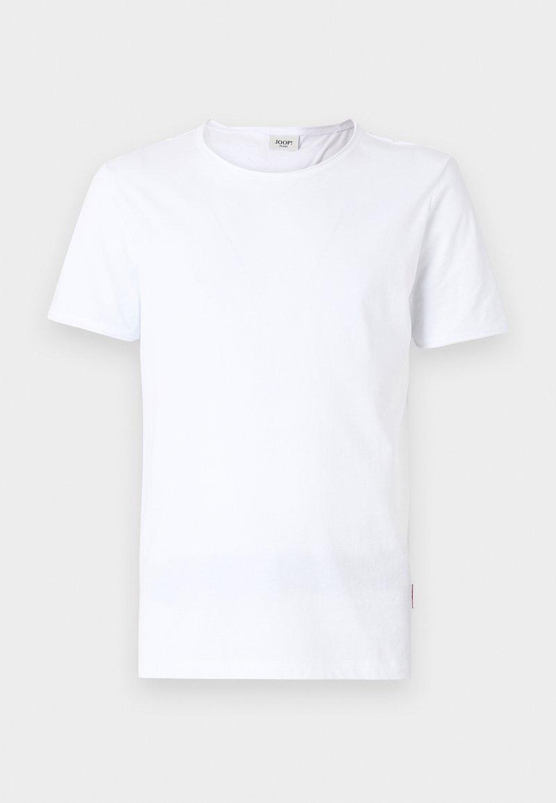 Weißes kurzärmliges T-Shirt aus Baumwolle, mit einem runden Halsausschnitt und einem kleinen Logotag an der Seite. Glatte Textur und klassischer Schnitt.