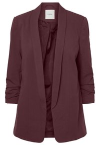 Burgundy blazer dengan lapel syal, lengan panjang dengan manset digulung, dan tanpa pengikat, memiliki lapisan dalam yang halus.
