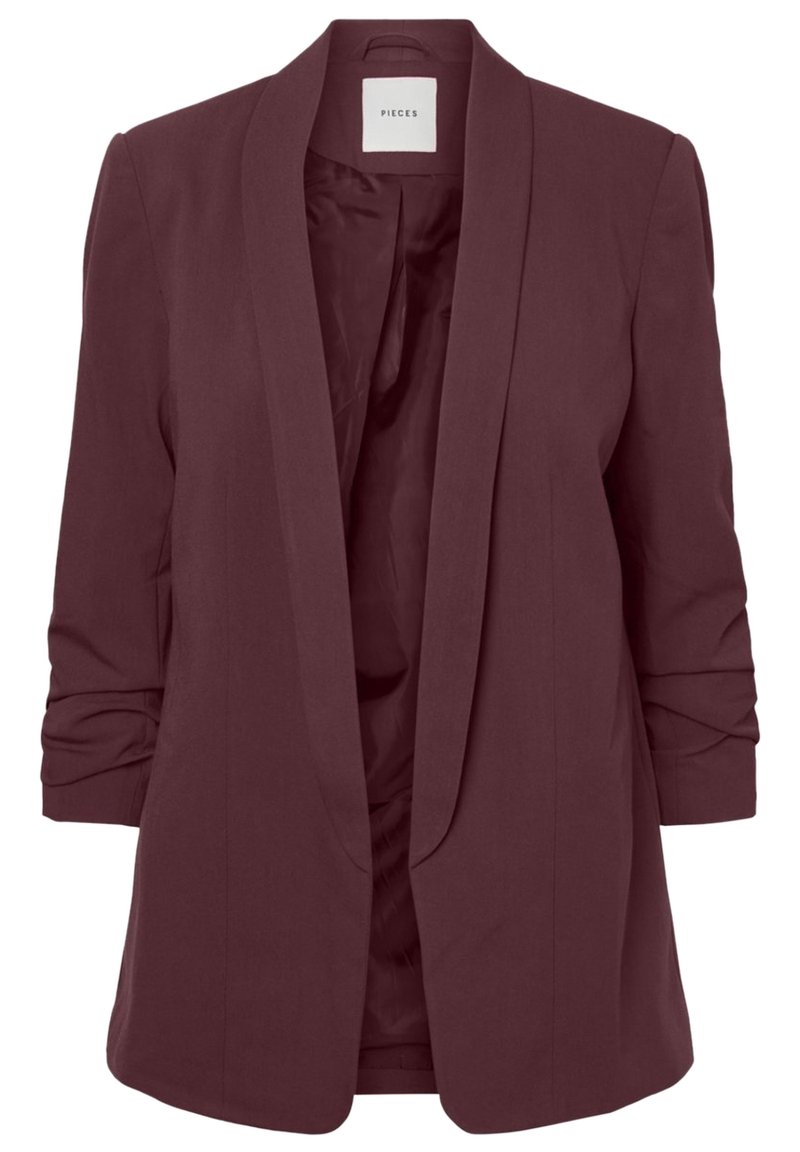 Burgundy blazer dengan lapel syal, lengan panjang dengan manset digulung, dan tanpa pengikat, memiliki lapisan dalam yang halus.