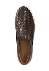 Brown woven leather slip-on shoe with a white rubber sole. Features smooth side panels and a cushioned brown interior.