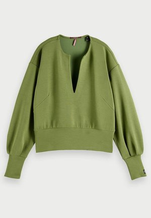 Sweat-shirt vert olive à manches longues avec col en V profond, poignets côtelés et large bande taille, présenté à plat sur fond clair.