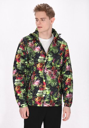 Kapuzenshirt mit schwarzem Grund und lebhaften Mustern aus grünen, rosa und orangefarbenen tropischen Blättern; leichtes Material; mit Reißverschluss vorne.