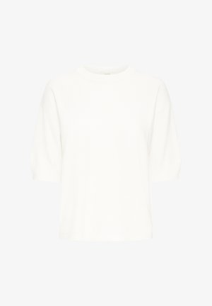 Valge lühikeste varrukatega t-särk, ümmarguse kaelusega, lahtise lõikega ja siledast materjalist. Lihtne disain, ilma mustrite või rõhutusteta.