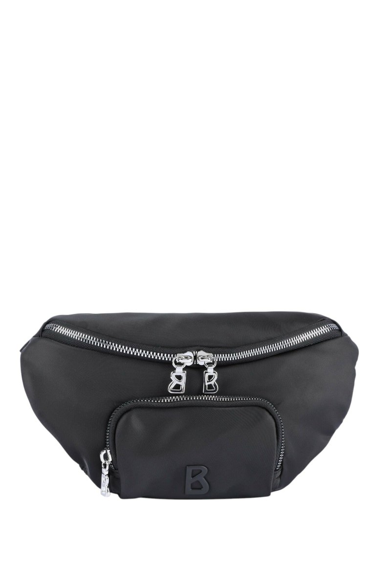 Marsupio in nylon nero con un compartimento principale con cerniera e una tasca frontale, con cerniere argentate e un logo con la lettera "B" in rilievo.
