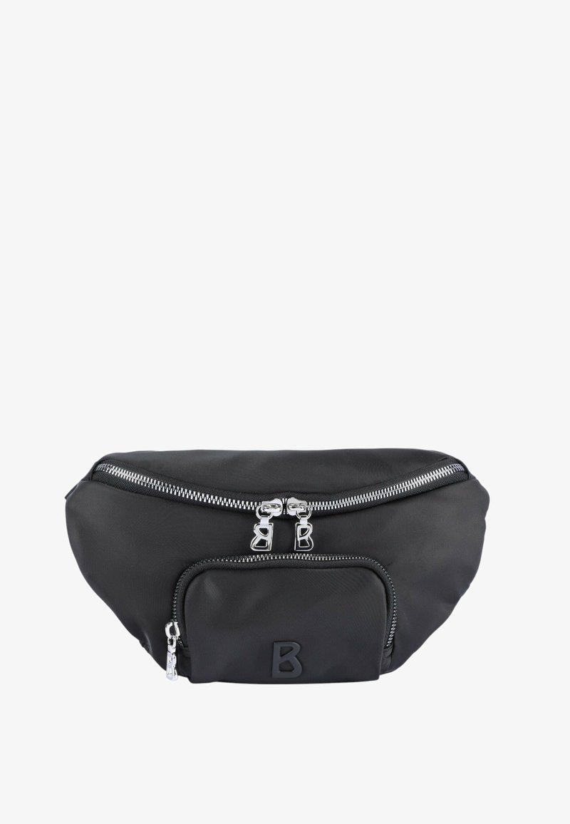 Marsupio in nylon nero con un compartimento principale con cerniera e una tasca frontale, con cerniere argentate e un logo con la lettera "B" in rilievo.